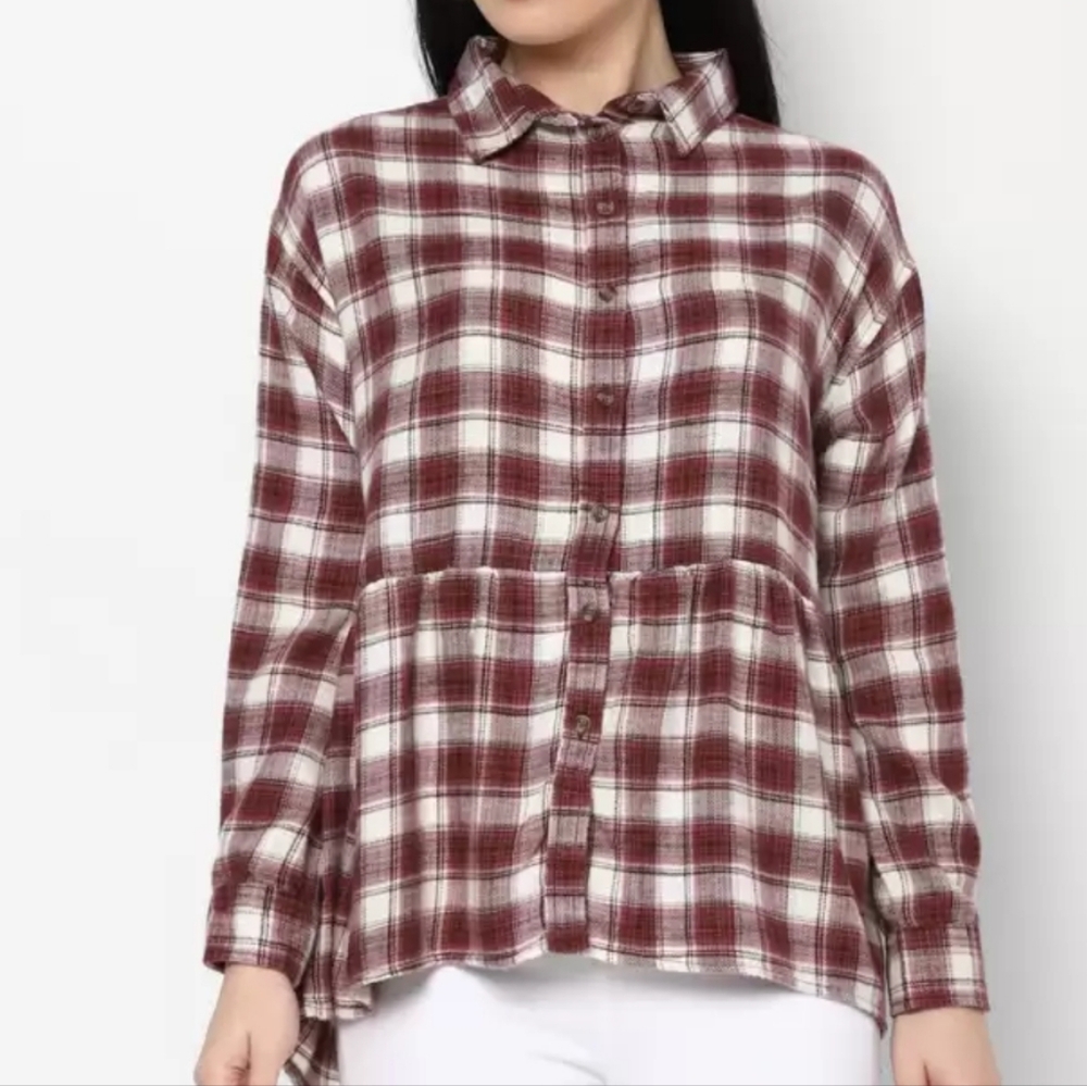 American Eagle,NWT,Oversized Flannel Babydoll Shirt,Medium Burgundy